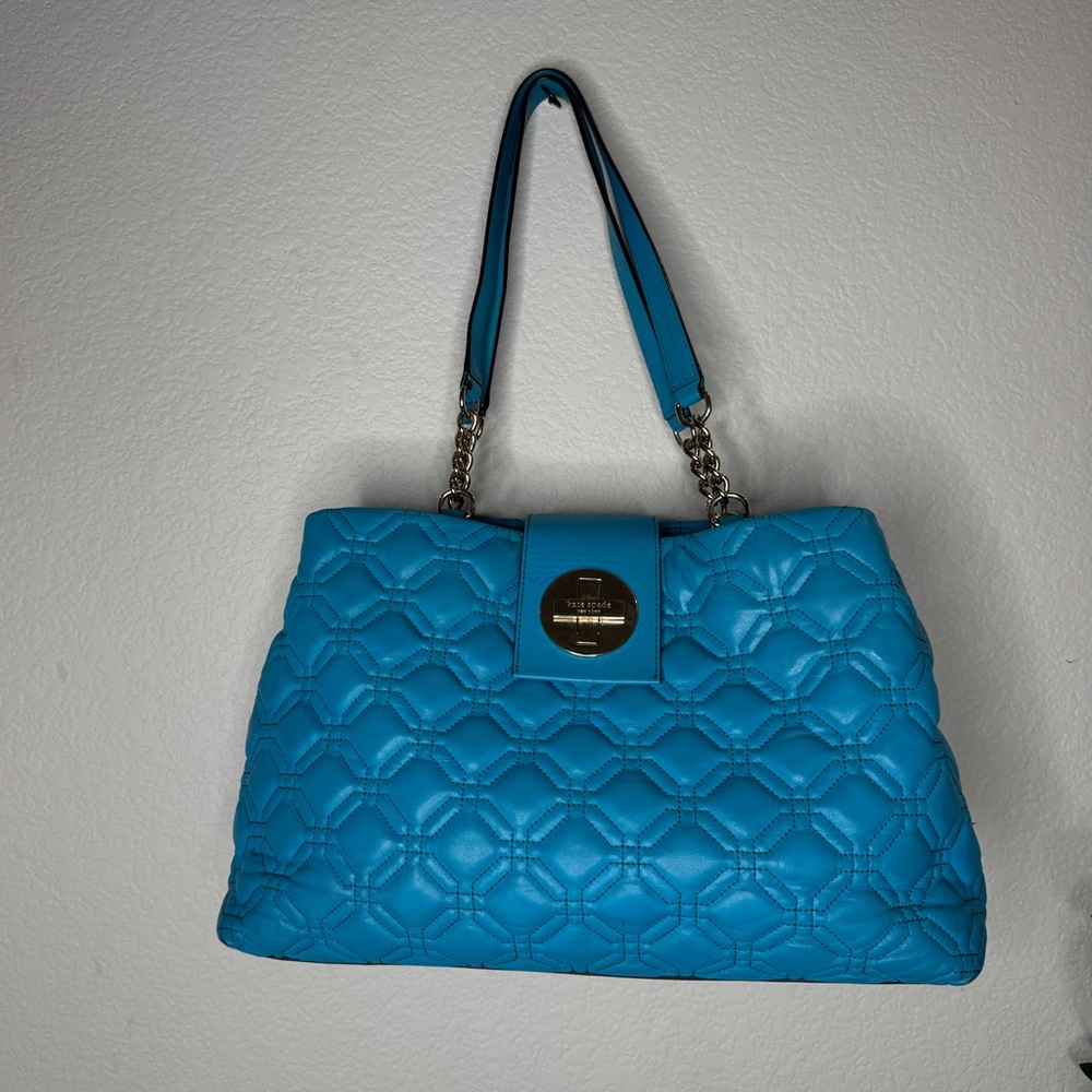 Kate Spade New York Quilted Leather Shoulder‎ Bag Blue Chain Strap Satchel Purse